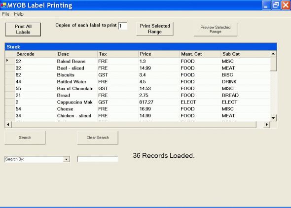 MYOB Retail Manager Label Printing Screenshot