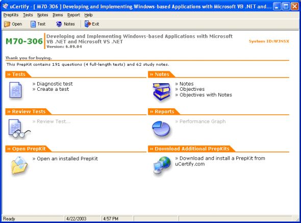 uCertify PrepKit for Microsoft Exam 70-306 Screenshot