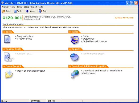 uCertify PrepKit for Oracle Exam 1Z0-001 Screenshot