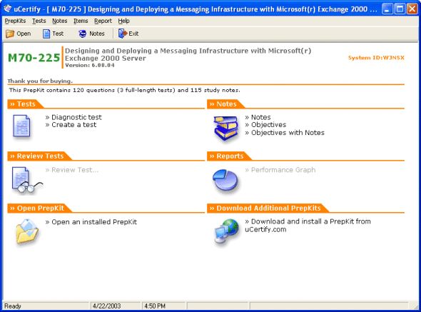 uCertify PrepKit for Microsoft Exam 70-225 Screenshot