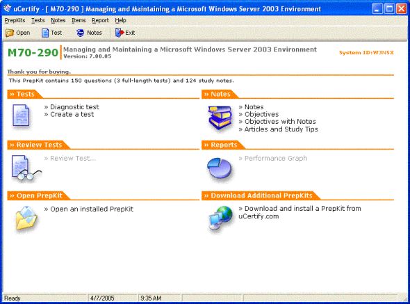 uCertify PrepKit for Microsoft Exam 70-290 Screenshot