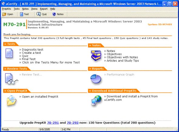 uCertify PrepKit for Microsoft exam 70-291 Screenshot