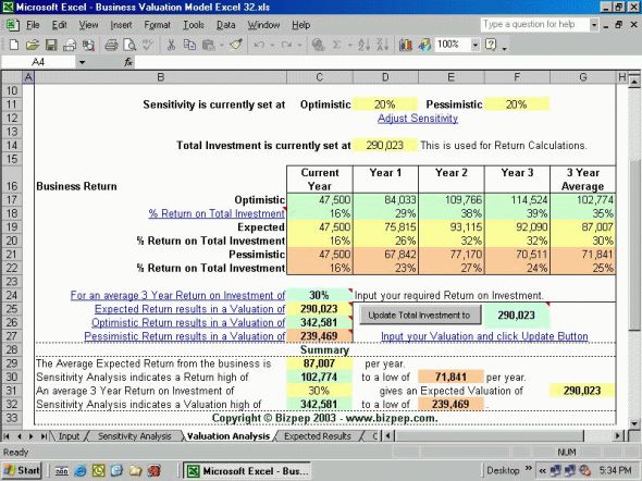 Business Valuation Model Excel Screenshot