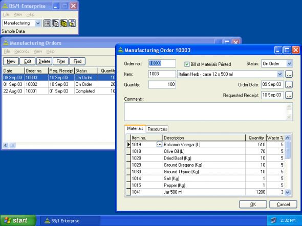 BS/1 Enterprise with Manufacturing Screenshot