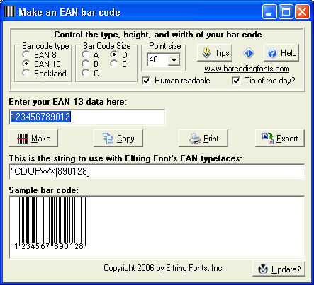 EAN Bar Codes Screenshot
