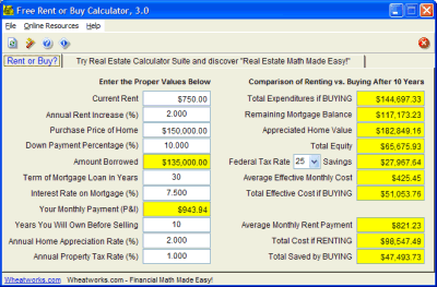 Free Rent or Buy Calculator Screenshot