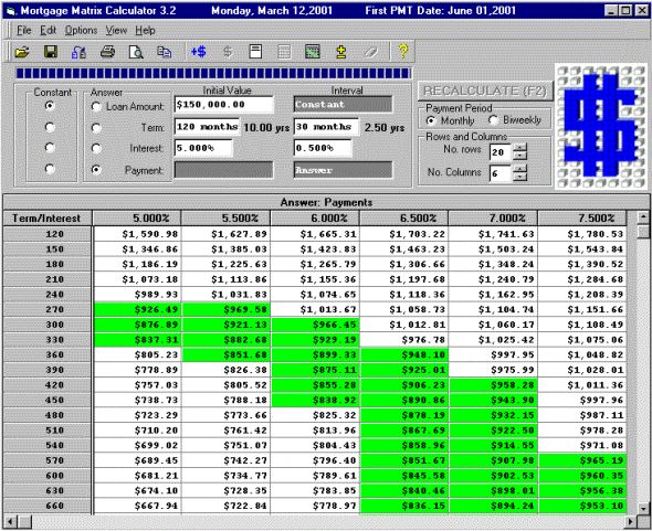 Mortgage Matrix Calculator Screenshot