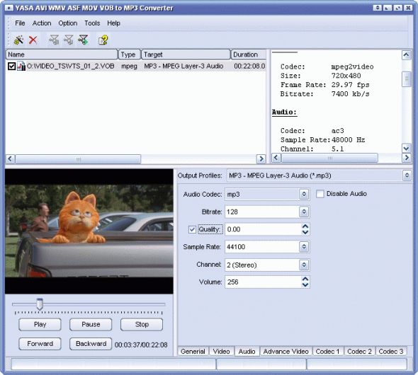 YASA AVI WMV MOV VOB to MP3 Converter Screenshot