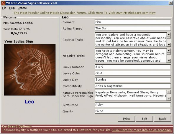 MB Free Zodiac Signs Software Screenshot