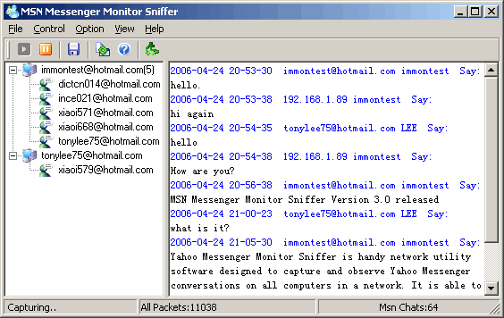 MSN Messenger Monitor Sniffer Screenshot
