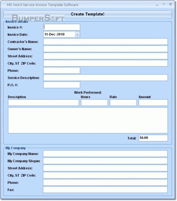 MS Word Service Invoice Template Software Screenshot