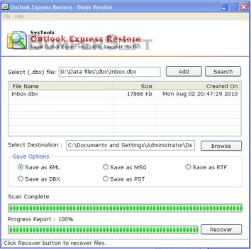 SysTools Outlook Express Restore Screenshot