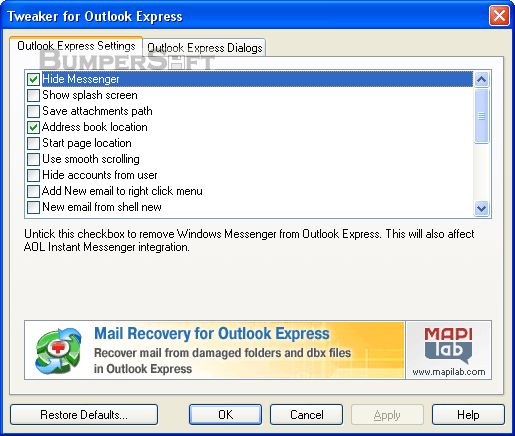 Tweaker for Outlook Express Screenshot