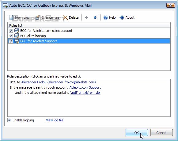 Auto BCC/CC for Outlook Express & Windows Mail Screenshot