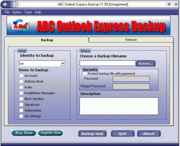 ABC Outlook Express Backup Screenshot