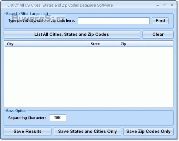 List Of All US Cities, States and Zip Codes Database Software Screenshot