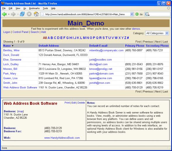 A Handy Address Book Server Screenshot
