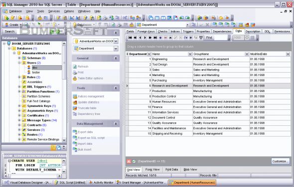SQL Manager for SQL Server Freeware Screenshot