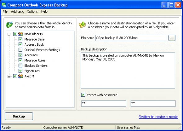 Compact Outlook Express Backup Screenshot