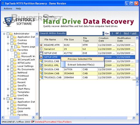 SysTools NTFS Partition Recovery Screenshot
