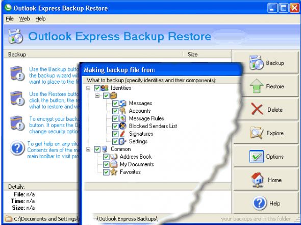 Outlook Express Backup Restore Screenshot