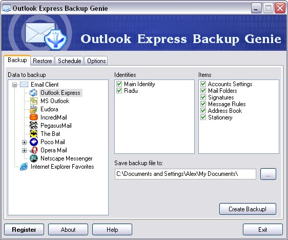 Outlook Express Backup Genie Screenshot