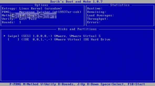 Darik's Boot and Nuke (DBAN) Screenshot