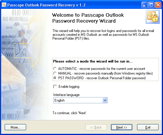 Passcape Outlook Password Recovery Screenshot