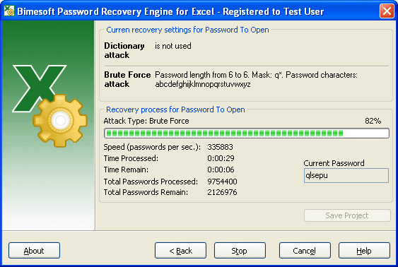 Bimesoft Password Recovery Engine for Excel Screenshot