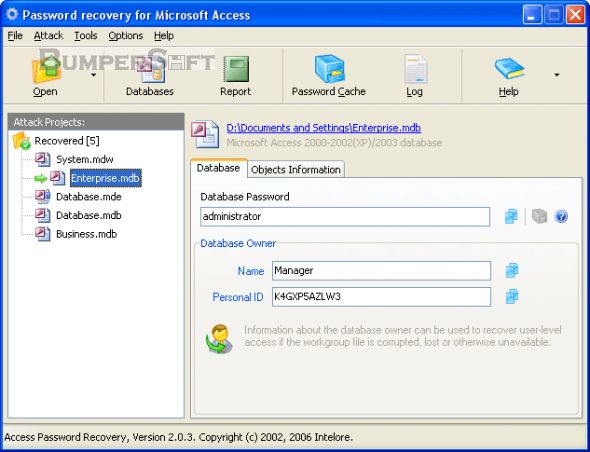 Password recovery for Microsoft Access Screenshot