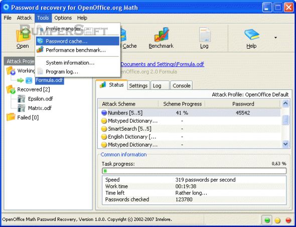 Password recovery for OpenOffice.org Math Screenshot