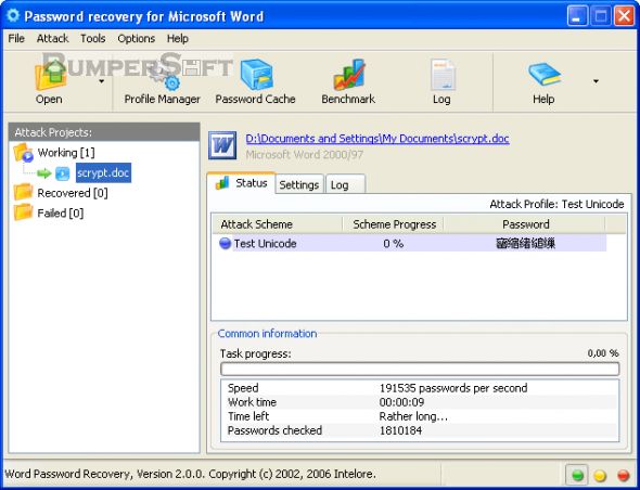 Password recovery for Microsoft Word Screenshot