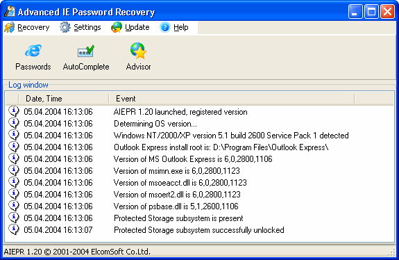 Advanced Internet Explorer Password Recovery Screenshot