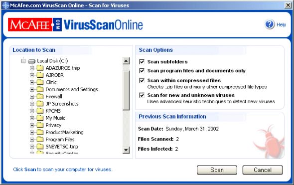 McAfee VirusScan Online (Windows 95/98/Me) Screenshot