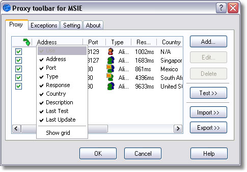 Proxy Toolbar for MSIE Screenshot
