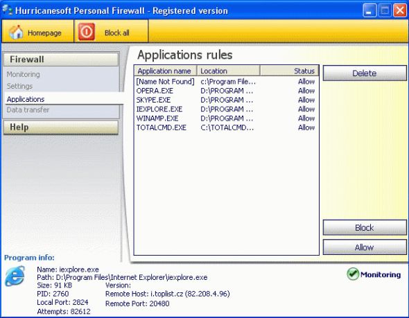 Hurricanesoft Personal Firewall Screenshot