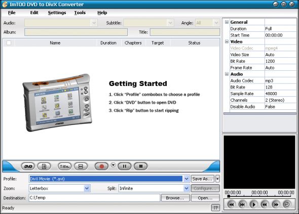 ImTOO DVD to DivX Converter Screenshot