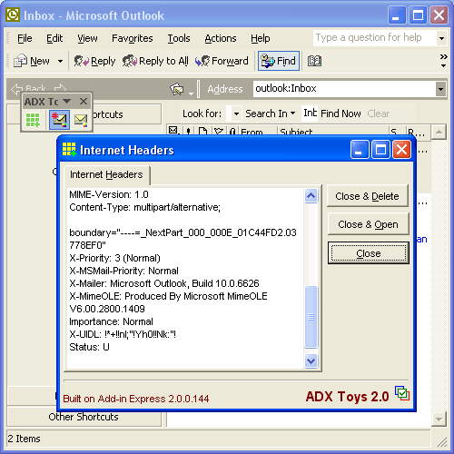 Add-in Express Toys .NET for Microsoft Outlook Screenshot
