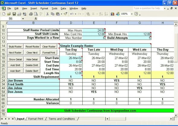Shift Scheduler Continuous Excel Screenshot