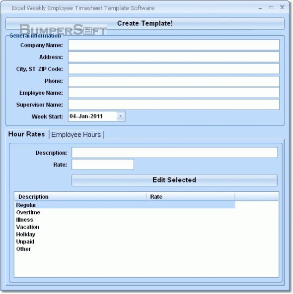 Excel Weekly Employee Timesheet Template Software Screenshot
